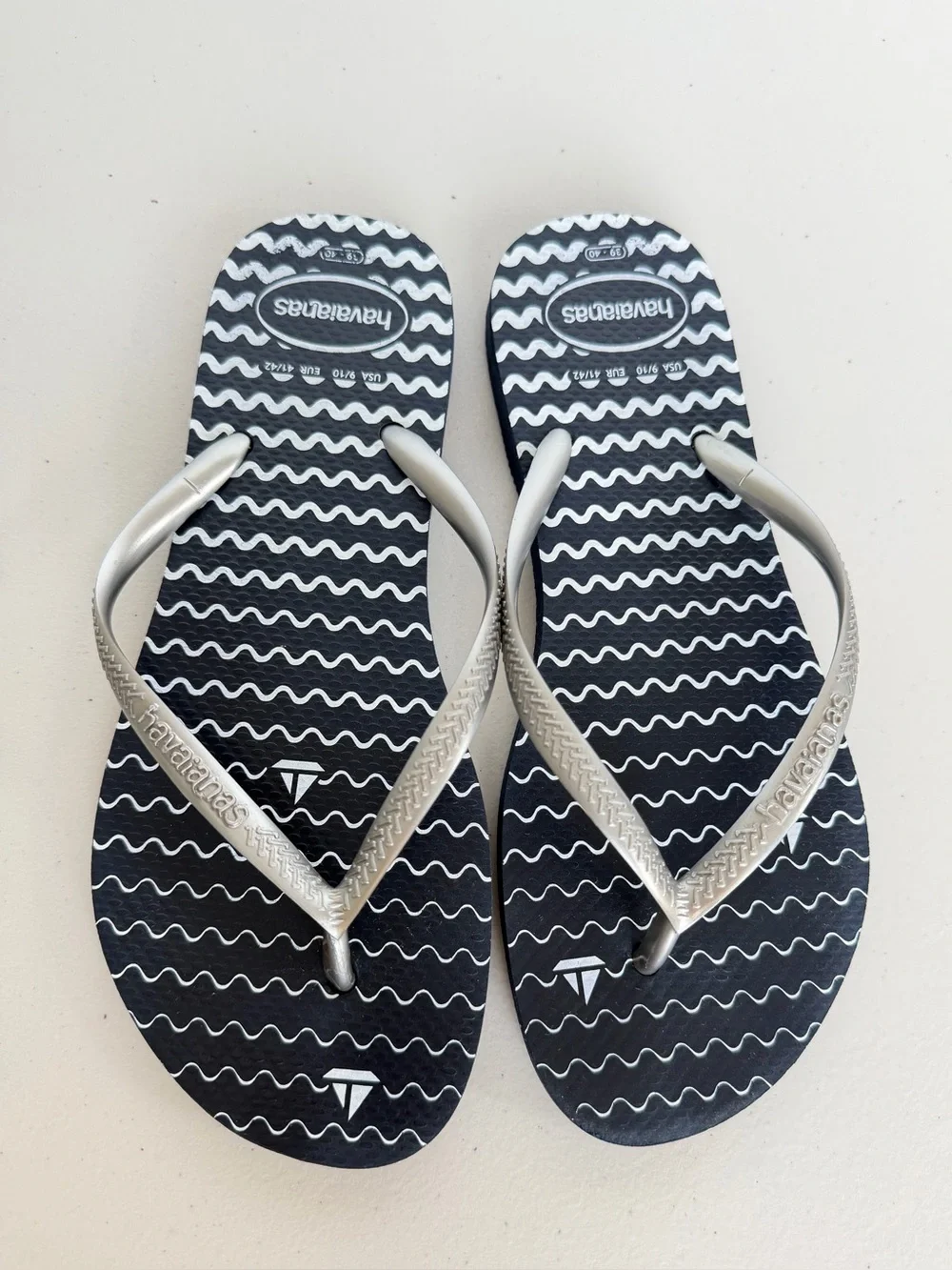 Havaianas Slim Oceano Flip Flops Navy Silver Wave Print Size 9/10